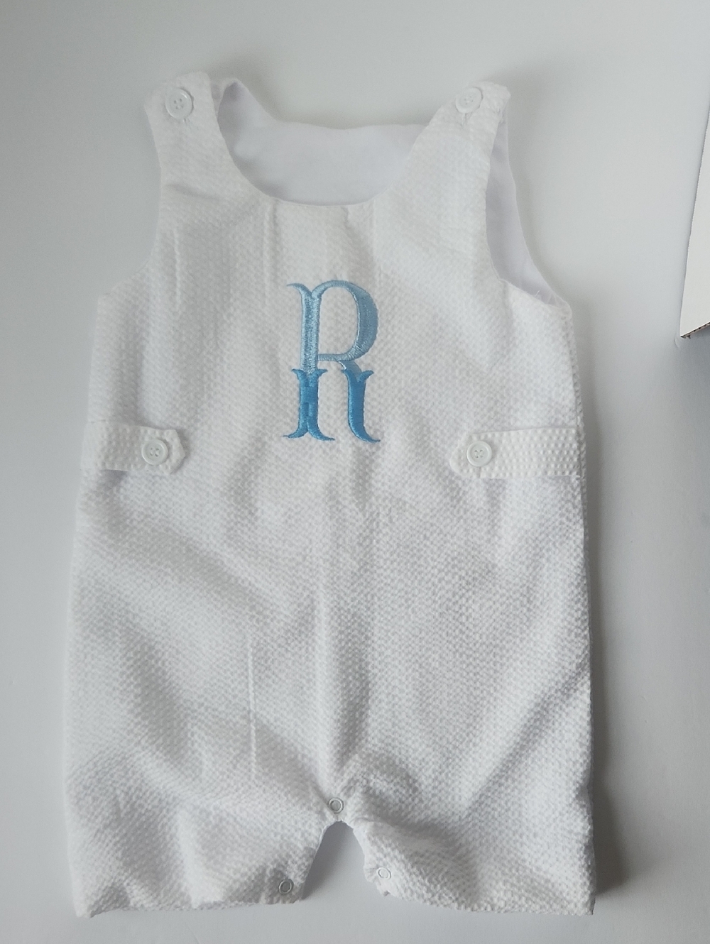 White Textured Boys John John Romper with Blue Monogram R, SZ 2
